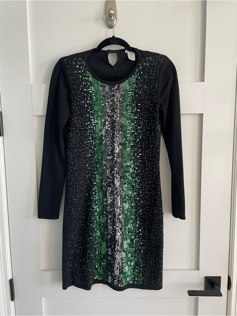 Oscar de la Renta Black and Emerald Sequin-Panel Long-Sleeve Dress